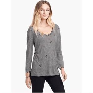Nic & Zoe Martini Cosmo Linen Blend Embroidered Striped V Neck Sweater Shirt New